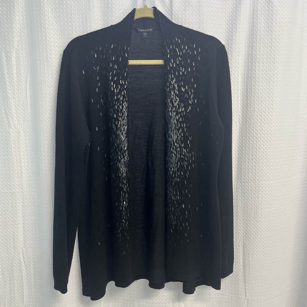 Eileen Fisher 100% Merino Wool Open Front Black Cardigan Sequins Large Lagenlook
